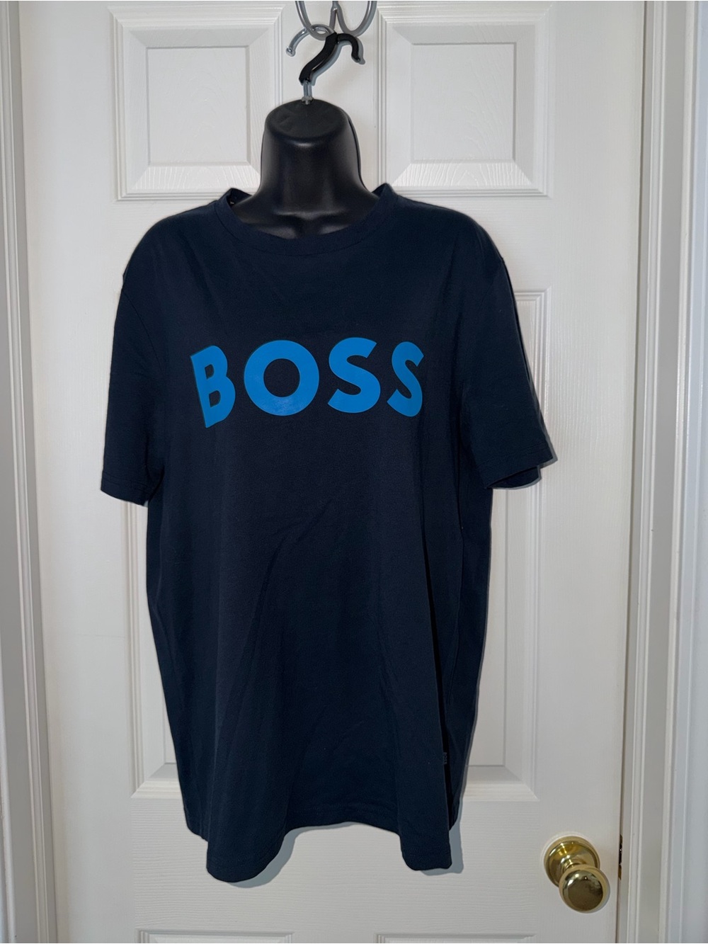 HUGO BOSS MENS COTTON JERSEY T-SHIRT MIXED-PRINT LOGO NAVY BLUE
